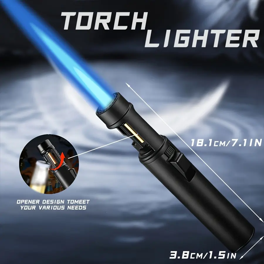 High Temperature Torch Lighter, Windproof Butane Lighter, Blue Flame, 2 in 1 with Bottle Opener, Durable Zinc Alloy, Compact Design, Suitable for Camping, BBQ and Emergency Use, Torch Lighter Refillable