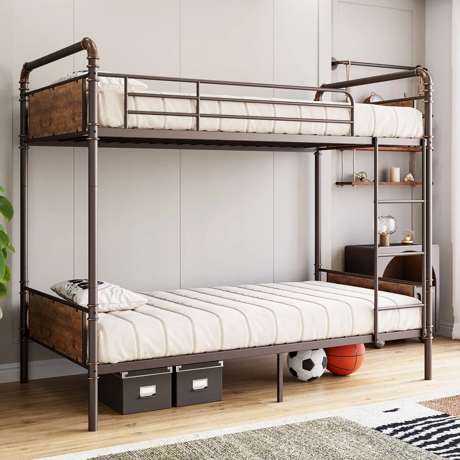 Garvee Convertible Bunk Beds with High Guardrail and Ladder, Twin Over Twin Design, Suitable for Teens and Adults, Sturdy Heavy Duty Metal Slats, No Spring Box Needed, Brown Finish