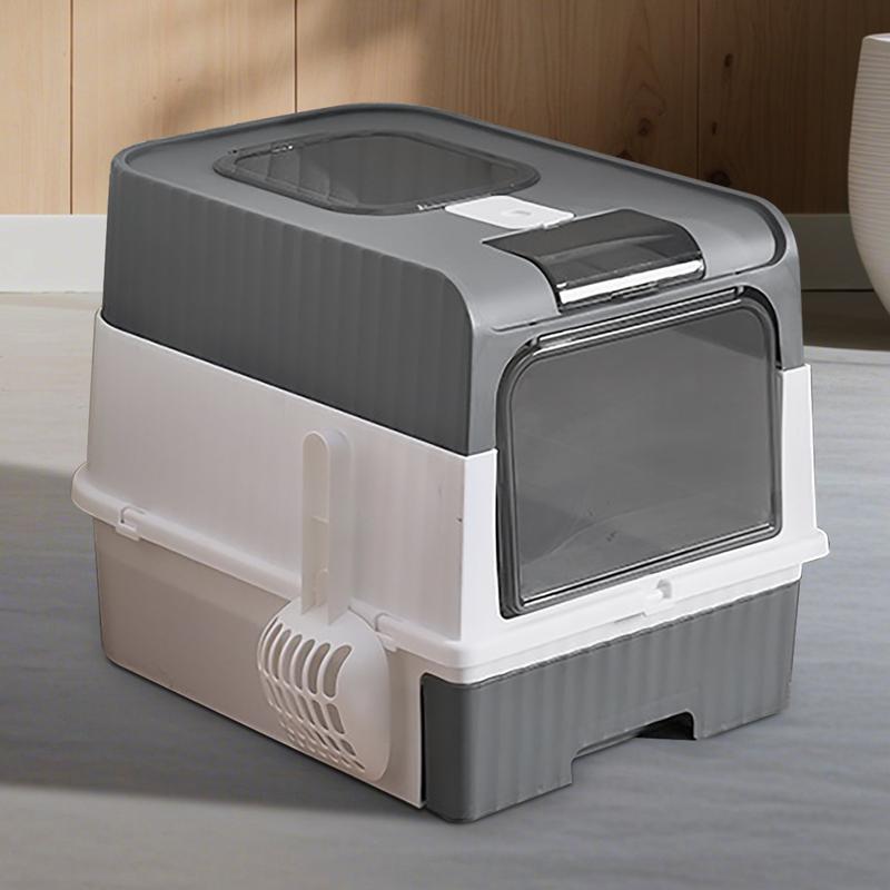An extra-large, fully enclosed cat litter box featuring a pull-out drawer for easy cleaning, built-in UV light sterilization, and a design that effectively contains litter scatter.