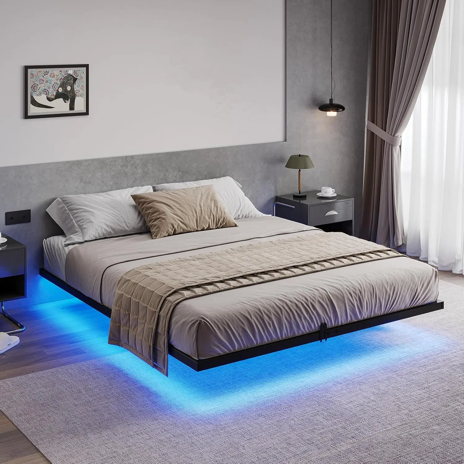 Sikaic Floating Bed Frame with LED Lights, Metal Platform Bed, No Box Spring Needed, Easy to Assemble, Black Modern Bedroom Furniture, Home Furniture, Dorm Essentials [tiktokshopbacktoschool]