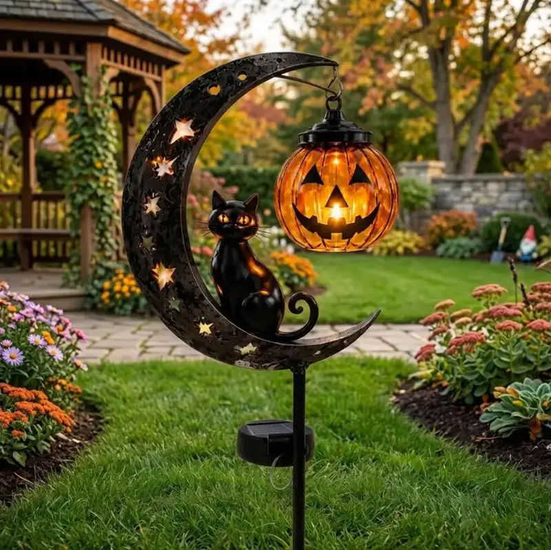 Solar Halloween Pumpkin Moon Garden Stake Lights, Waterproof Black Cat Crescent Moon Metal Jack O' Lantern Fairy Lights for Yd Patio Walkway, Gothic Spooky Seasonal Outdoor Decor Gift for Home Improvement Garden Supplies