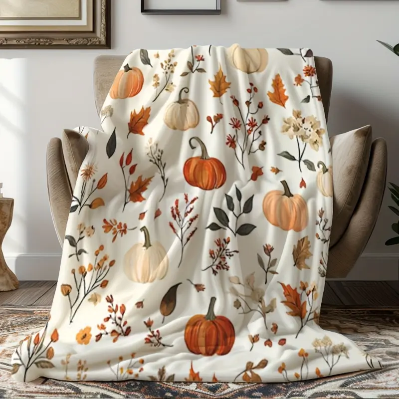 Soft Polyester All-Season Flannel Blanket - Multi-Size Pumpkin Print Throw with Leaf & Floral Designs in Orange, Beige, Brown - Lightweight Warmth for Couch/Bed, Home Decor - Machine Washable Holiday Gift Idea