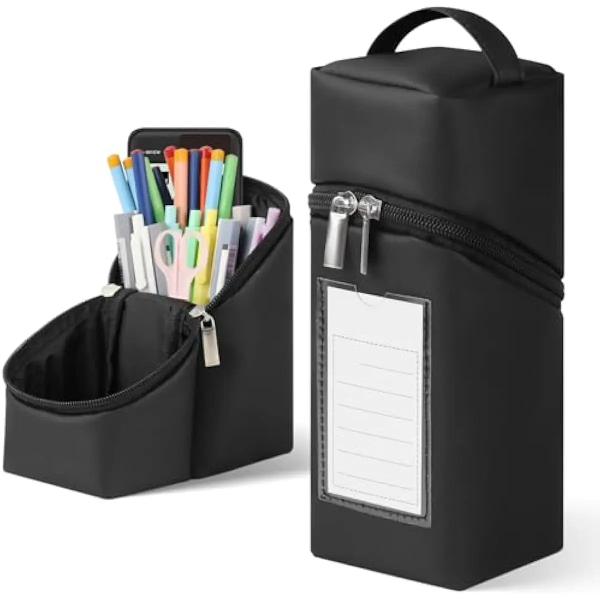 Standing Aesthetic Pencil Case Pouch Large Capacity Preppy,Double Zipper with Handle Multi Compartments Organizer,Black