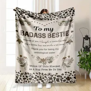 Badass Bestie Flannel Blanket Leopard Print and Floral Design Soft Warm Cozy Lightweight Throw Perfect for Friendship Gifts Sofa Decor Bedroom Use Birthday Celebration Sister Bond Moments Holiday Relaxation