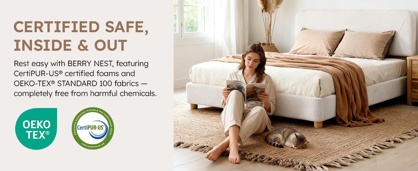 BERRY NEST Queen Size Boucle Bed Frame, Upholstered Cloud Bed Frame with Comfortable and Adjustable Headboard, Solid Wood Legs, Rounded Corners Design & Easy Assembly – Modern Cream Platform Bed, No Mattress, No Noise, Full