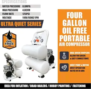 OilLess Portable Air Compressor-Twin Tank 4Gal-110V/800W/6.5A-5cfm@125psi-Duel Outlet 48lbs-56dB