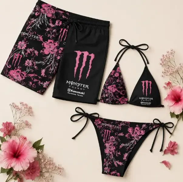 Matching Monste Floral Couple Swimwear Sets - Women's Swim Bra & Tie-Side Thong Bikini, Men's Beach Shorts, Summer Vacation Hawaiian Sports Swimwear