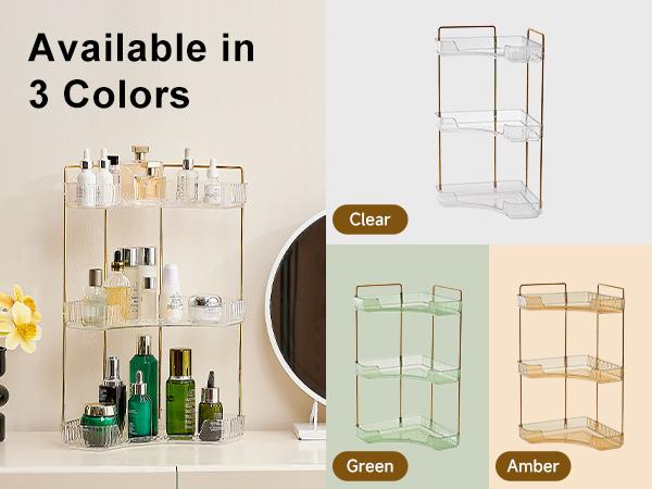UFORU 3 Tiers Corner Bathroom Counter Organizer, Clear Countertop Shelf Storage Rack, Cosmetic Perfume Tray Standing Holder with Gold Metal Pole, Skincare Sink Organizer for Vanity Kitchen Transparent Smooth