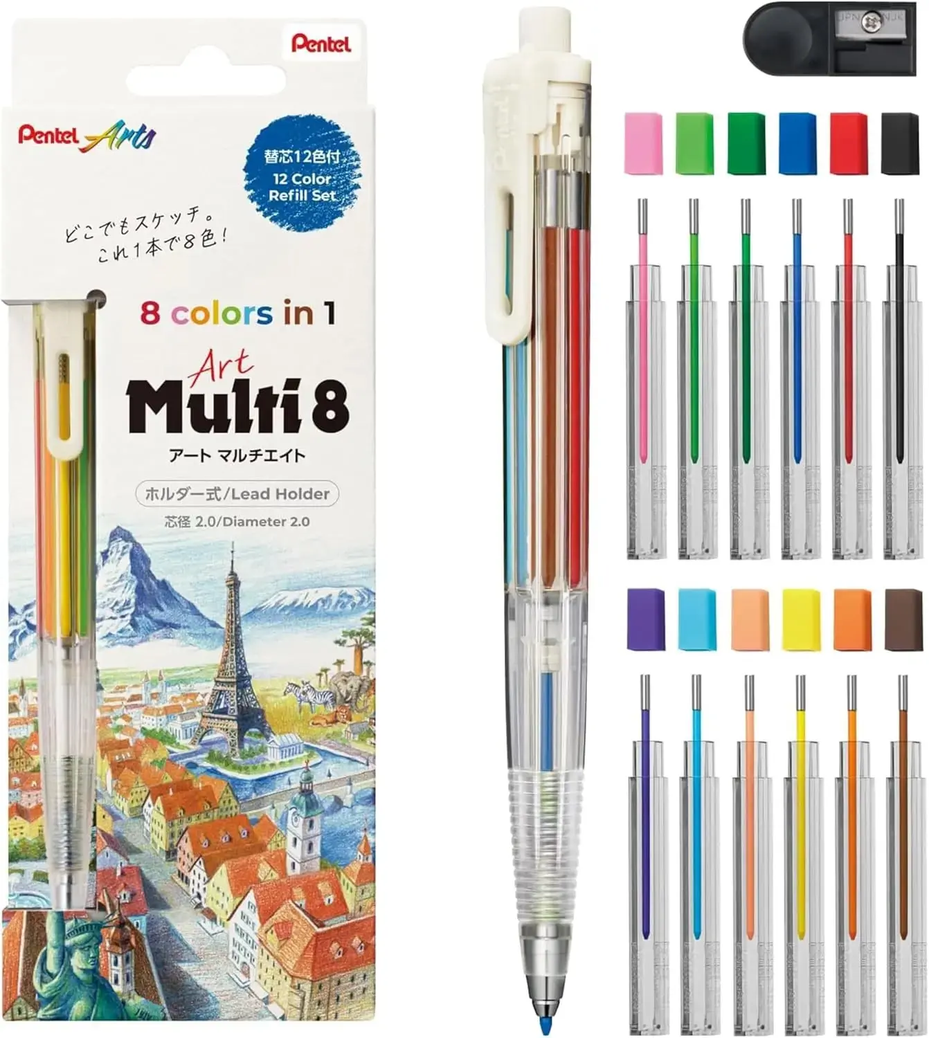 Pentel Art Multi 8 Colored Mechanical Pencil, Mechanical Pencils with 12 Color Lead Refills, Colored Mechanical Pencils