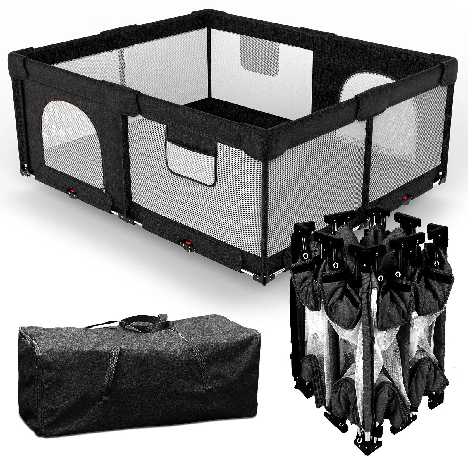 Foldable Baby Playpen,Collapsible Playpen for Babies and Toddlers, Extra Large Foldable Playpen for Baby with gate, Baby Activity Center with Fence, Travel Play Pen (Black/Grey 59"×71")