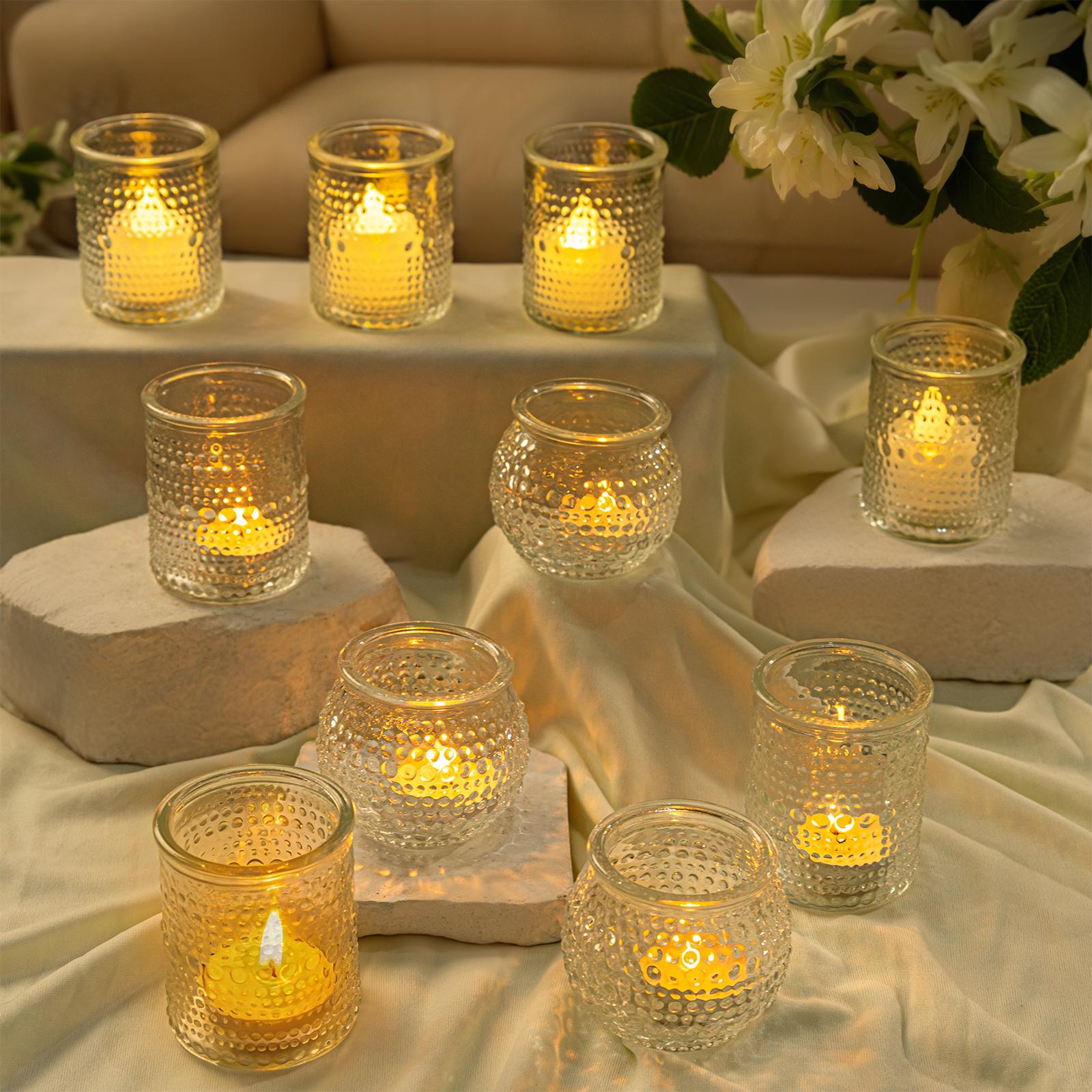 A Set of 24 Clear/ Blue/ Amber/ Green/ Pink/ Gold＆Purple Candle Holders of Varying Heights, Perfect for Wedding and Home Dining Table Decorations