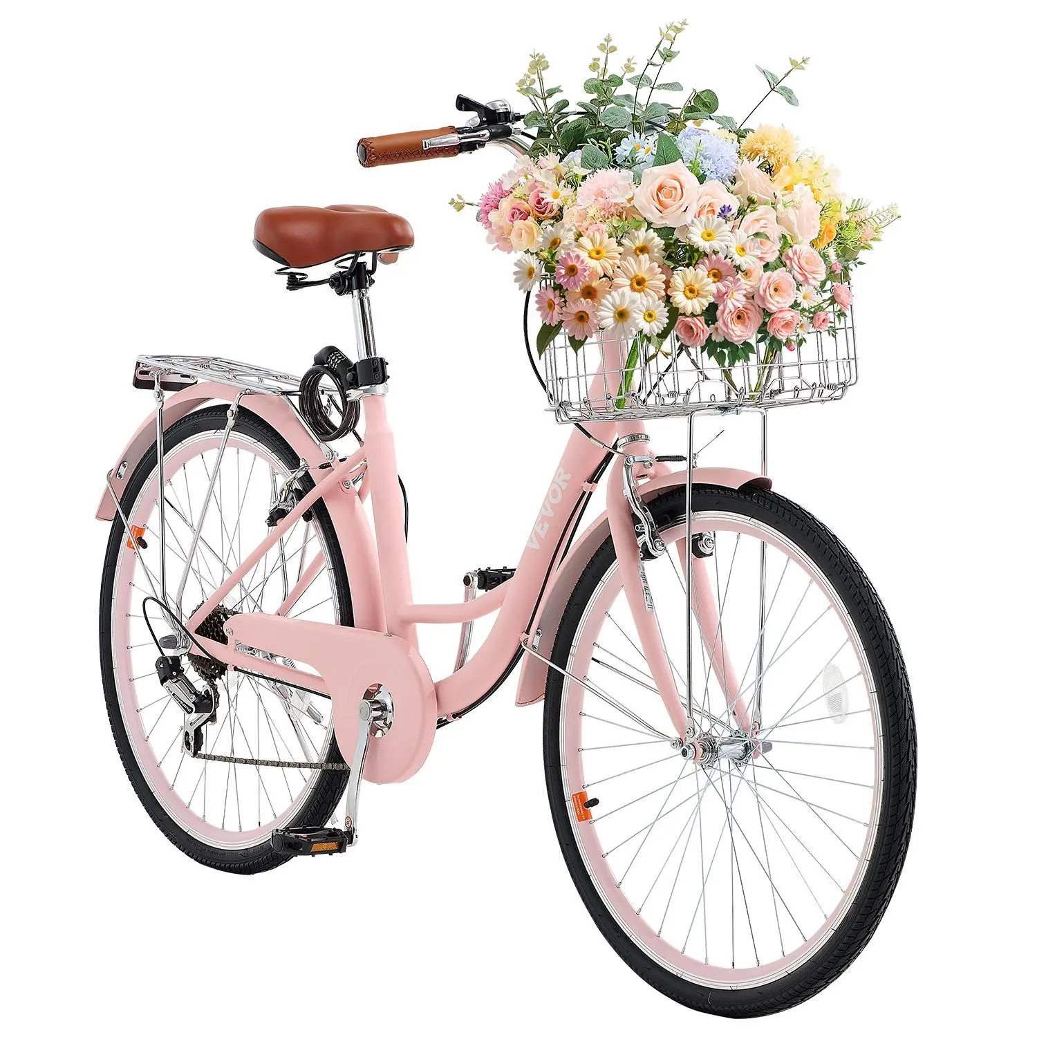 Women's 26-Inch Beach Cruiser Bike, 7-Speed High-Carbon Steel Bicycle for Adults with Detachable Basket, Bicycle Back Rack & Bell for Casual Cycling, Beach Bike, Comfortable