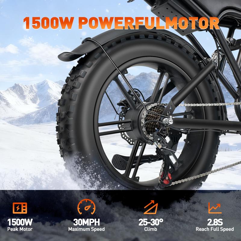 Electric Bike with 1500W Peak Motor, 48V 20Ah Removable Battery, 30 MPH, 40–60 Mile Range, Fat Tires, Full Suspension