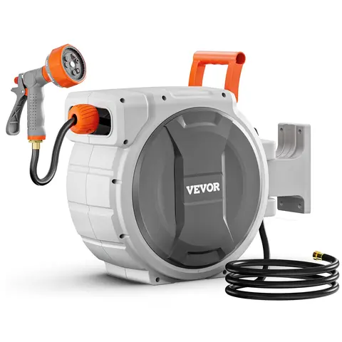 VEVOR Retractable Garden Hose Reel, 5/8 Inch x 100 ft Wall Mounted Heavy Duty 100 ft Hose, 9-Spray Settings Nozzle, Adjustable Length Lock, Upgraded Slow Return System, 180° Swivel Bracket, 600psi Burst, for Washing Car#SohoChic