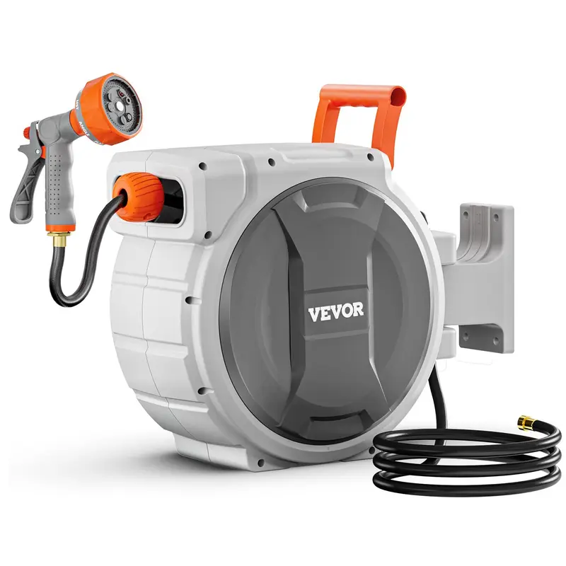 VEVOR Retractable Garden Hose Reel, 5/8 Inch x 100 ft Wall Mounted Heavy Duty 100 ft Hose, 9-Spray Settings Nozzle, Adjustable Length Lock, Upgraded Slow Return System, 180° Swivel Bracket, 600psi Burst, for Washing Car#SohoChic