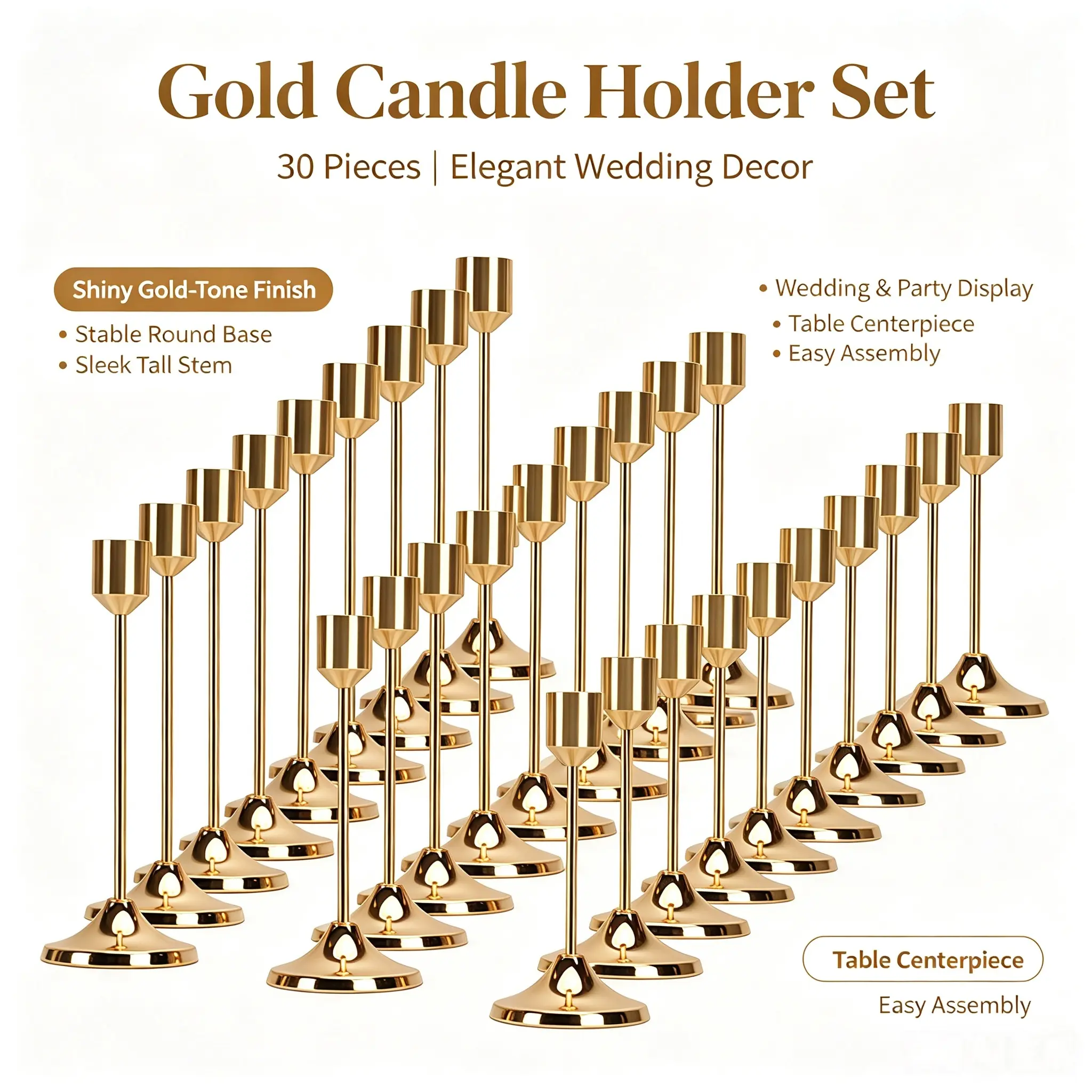 30Pcs Gold Slim Metal Taper Candle Holders, Bulk Thin Candlesticks, Elegant Table Centerpieces for Wedding, Christmas, Candlelight Dinner, Rustic Decor, Fall, Halloween & Ceremony, Candles Not Included