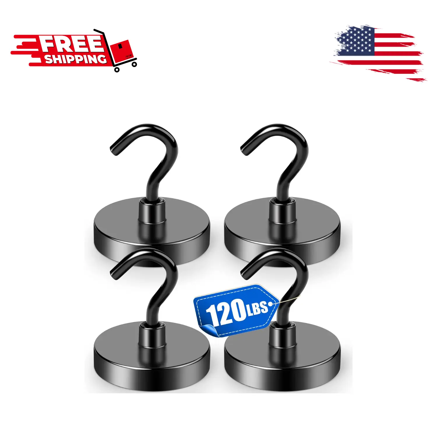4 Pack Black Magnetic Hooks Heavy Duty, 120lbs Strong Neodymium Magnet Hook