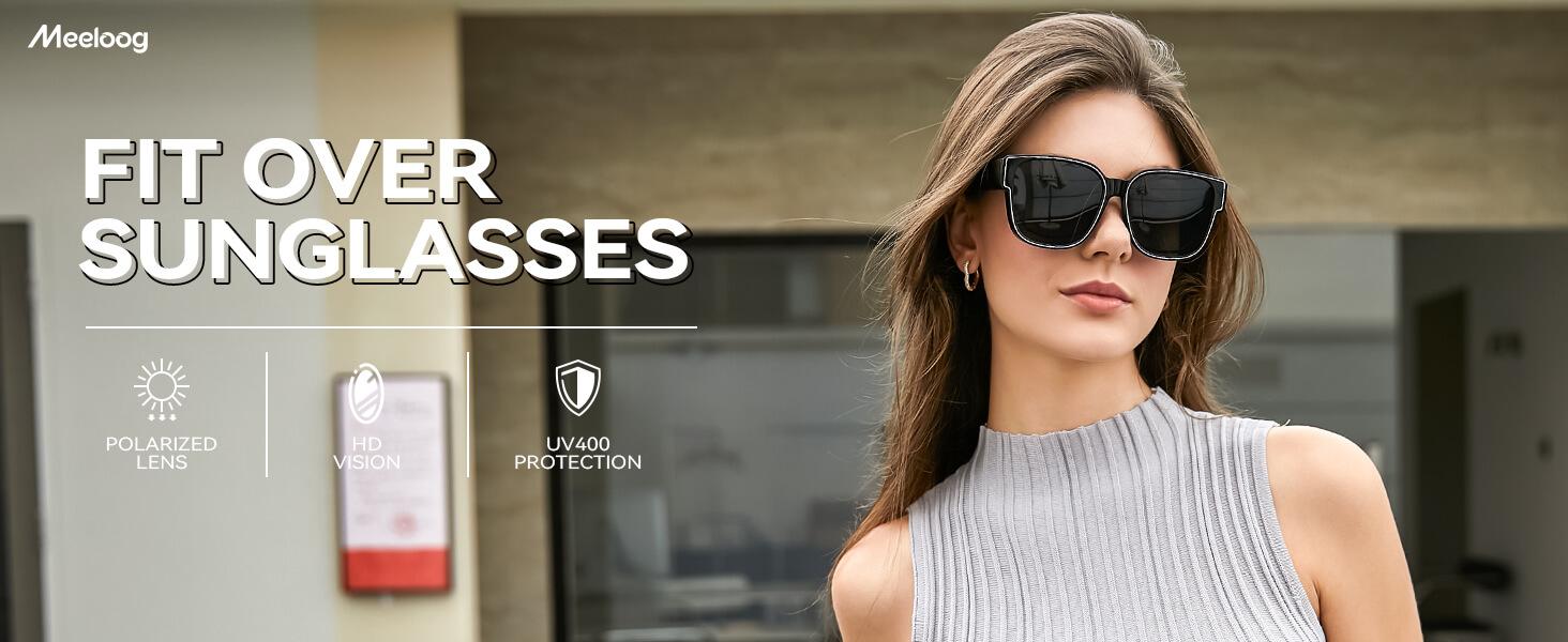 Meeloog Polarized Fit Over Glasses Sunglasses, Square Lightweight Wrap Around Shades For Women ST0898