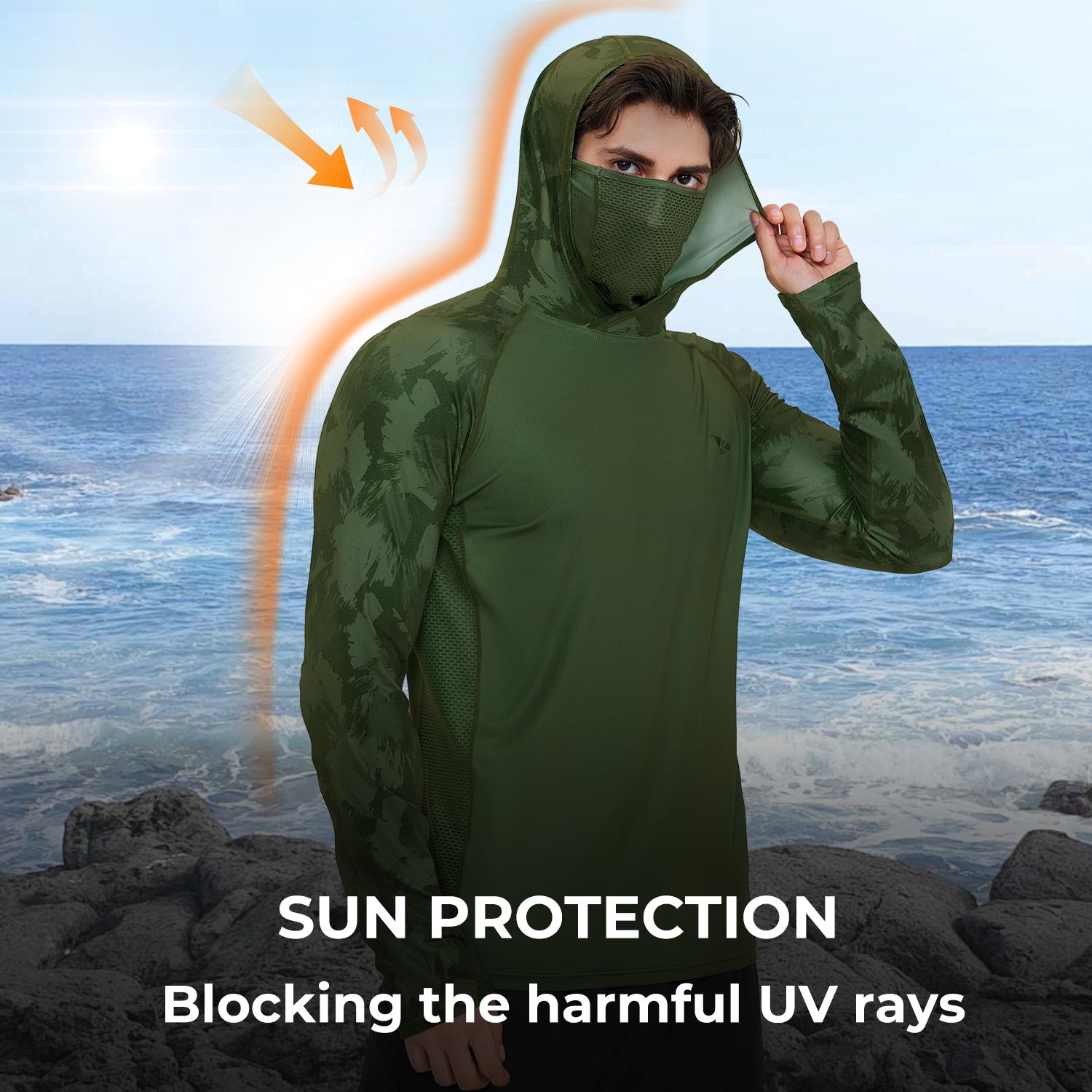 【RODEEL】915 Sun Hoodie Shirts w/ Mask Neck Gaiter Men UPF 50+ UV Protection Long Sleeve Lightweight Quick Dry Moisture Wicking Breathable Cooling Athletic Activewear for Outdoor Sport Fishing Boating Hiking Cycling Roofing Construction Tree Service