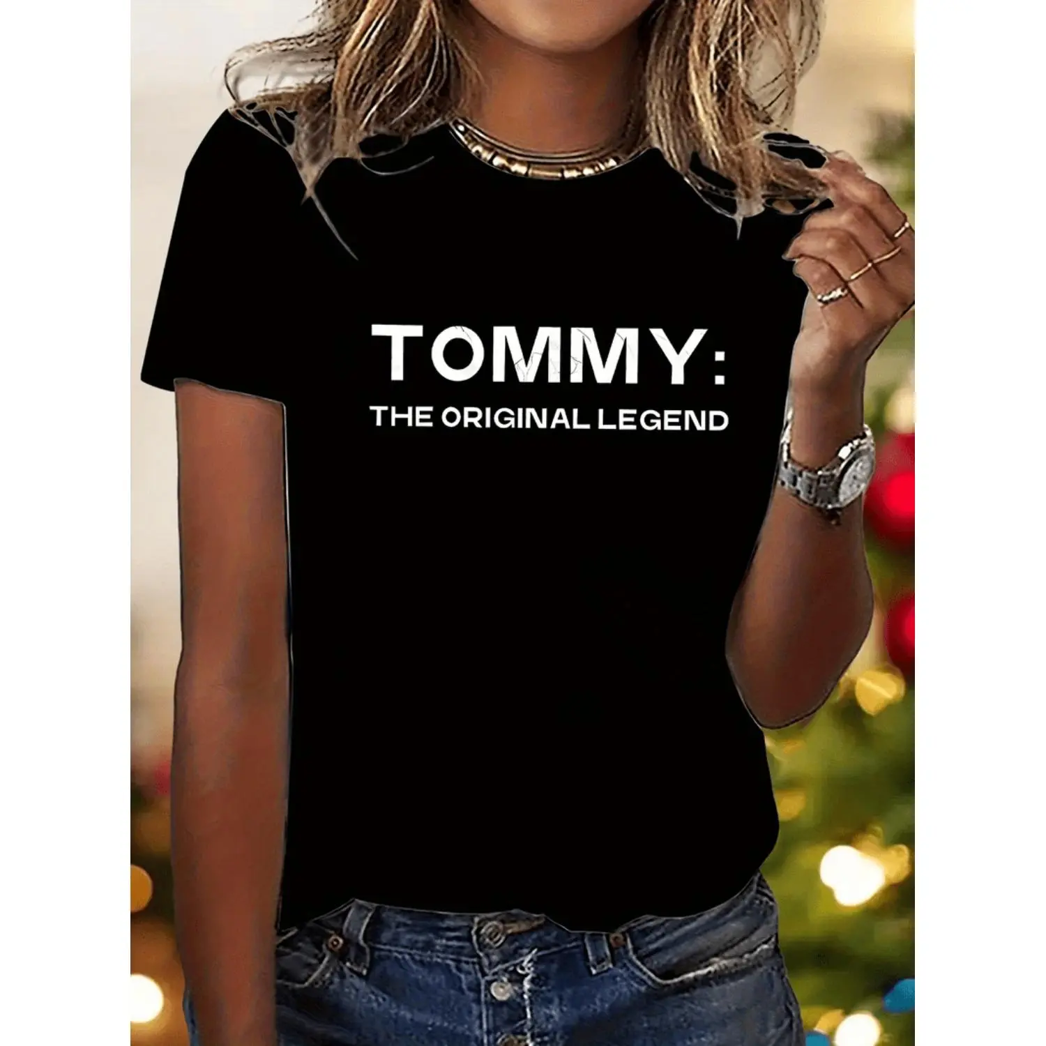 WoWomen's Y2K Cartoon Art Letter Print T-Shirt - "TOMMY: THE ORIGINAL LEGEND" Design, Casual Crew Neck, Short Sleeve, Medium Stretch, All-Season Top, S-XXL Sizes, Cute T Shirt