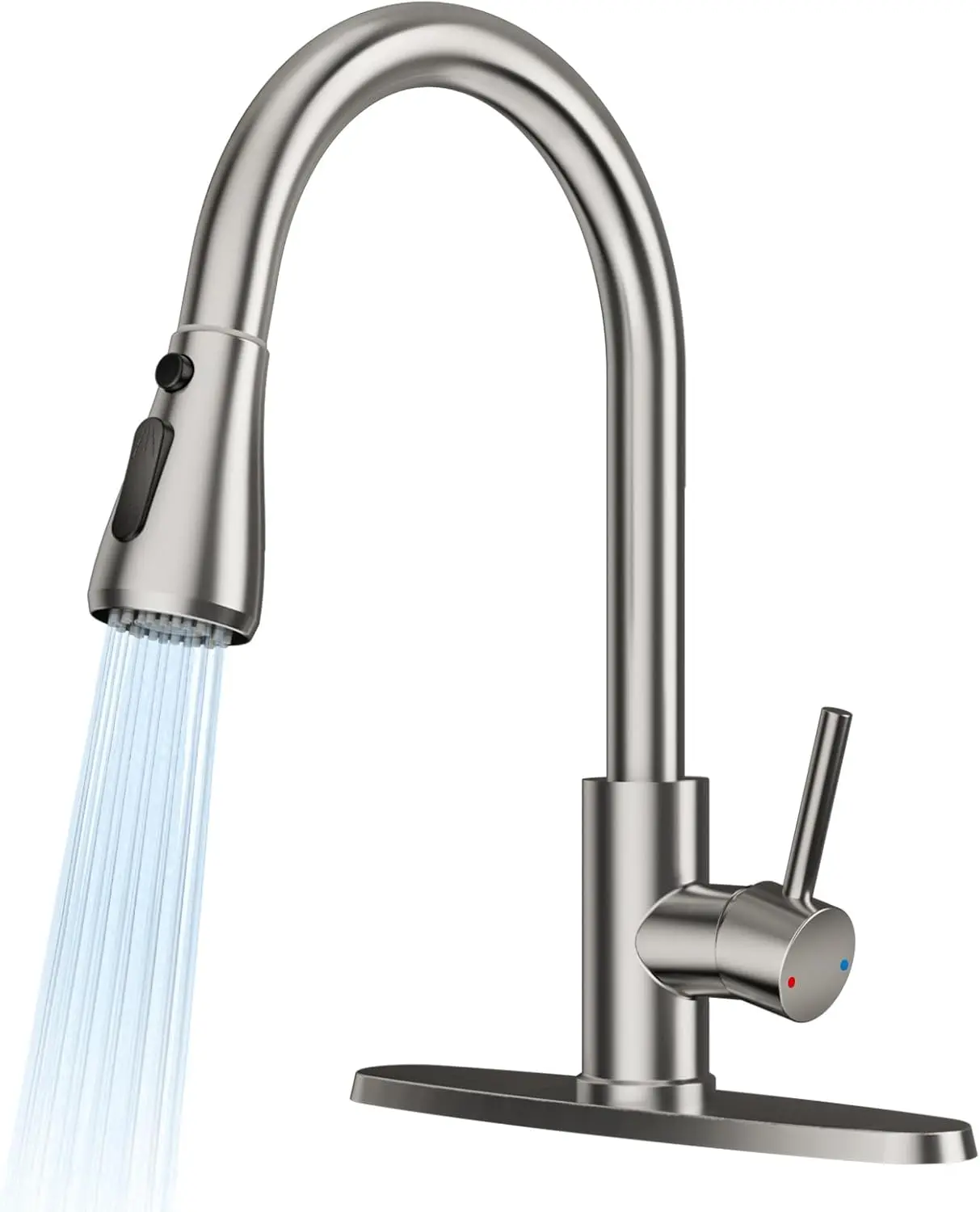 Brushed Nickel High-Arc Curved Spout Single-Handle Deck-Mount Pull-Out Sprayer Water Faucet, Stainless Steel Tap with Ceramic Valve Core, 1/3 Hole Compatible, 2-Mode Nozzle, Cold/Hot Switch, 1/2" Inlet Pipe, Easy Rinsing for Farmhouse Sink