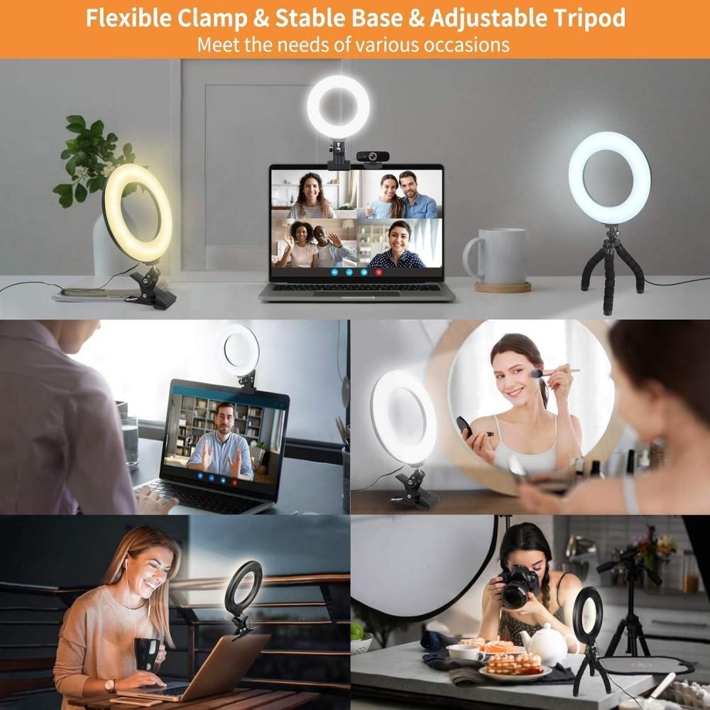 2 in 1 Ring Light Clip on & Bracket Kit, Mini Portable Video Conference Lighting with Desk Stand Kit, Clip on Laptop Monitor with 5 Dimmable Color & 5 Brightness Level for Phone Selfie Lighting Working Live Streaming, For Girls Women Lover Friend Gift