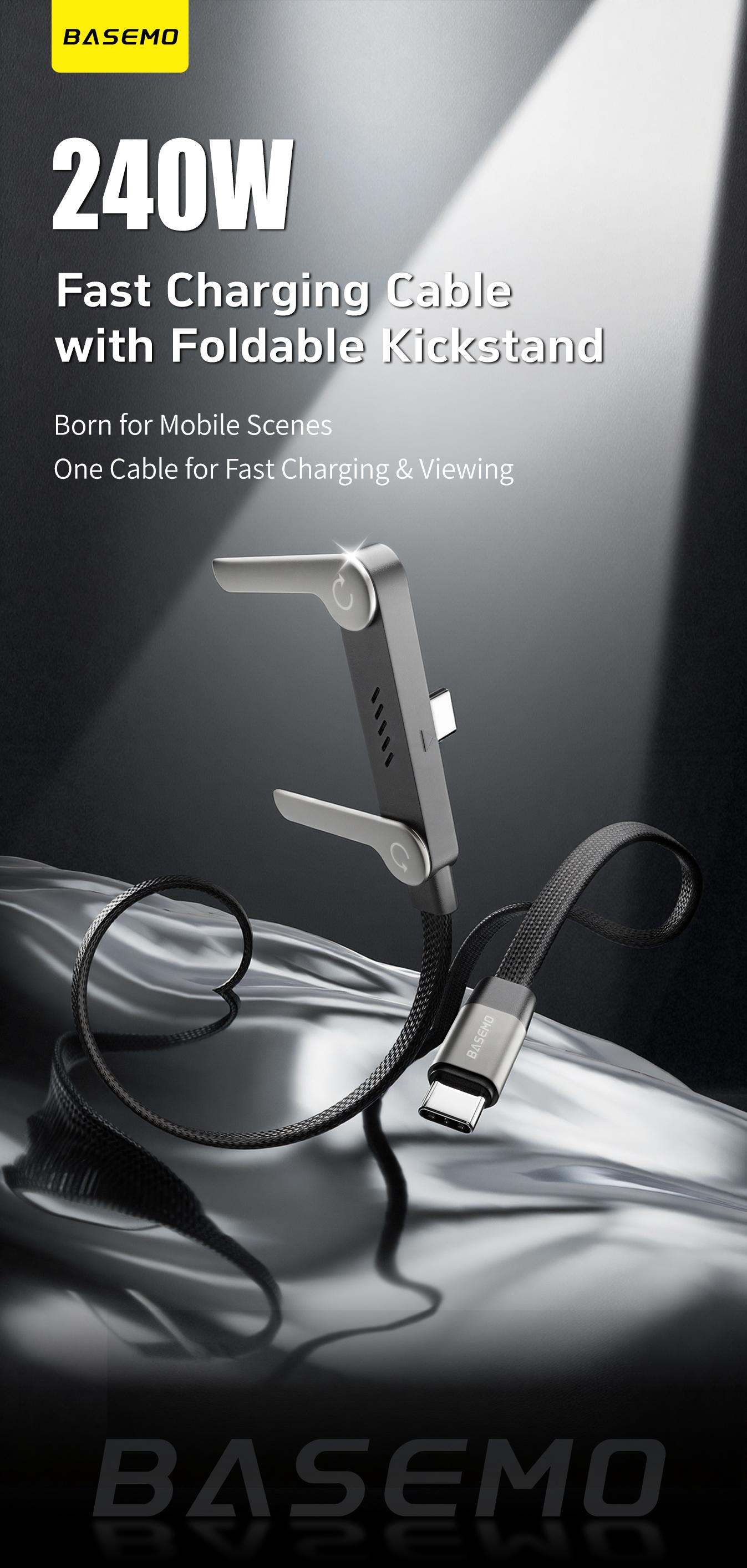 Basemo 240W Super Fast Charging Cable with Stand for iPhone Samsung Type-C Compatible Gaming Office Car Travel Black Cellphone Smartphone Mount Lightning