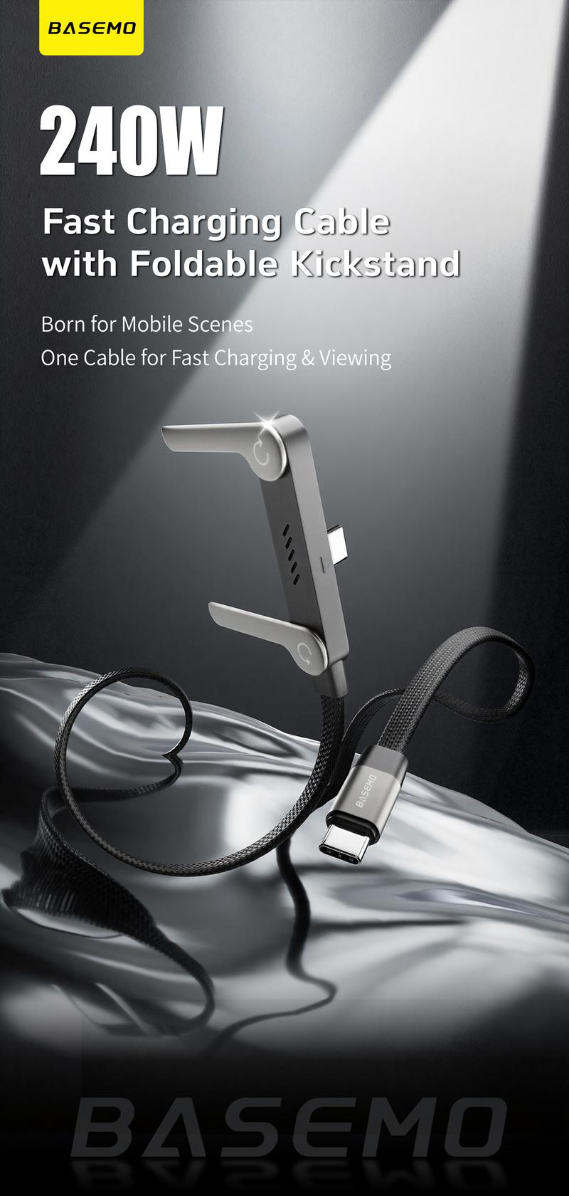 Basemo 240W Super Fast Charging Cable with Stand for iPhone Samsung Type-C Compatible Gaming Office Car Travel Black Cellphone Smartphone Mount Lightning