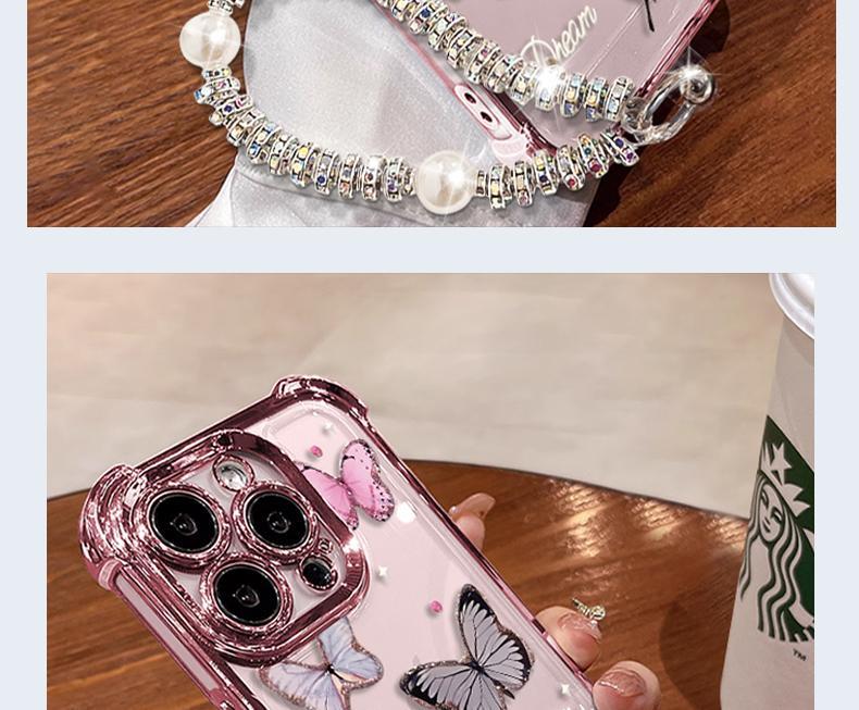 Five Butterflies Pattern Women's Phone Case for iPhone 11/12/13/14/15/16/17 Pro Max, Pink Chrome Alloy Frame Reinforced Corner Protection Protective Phone Cover