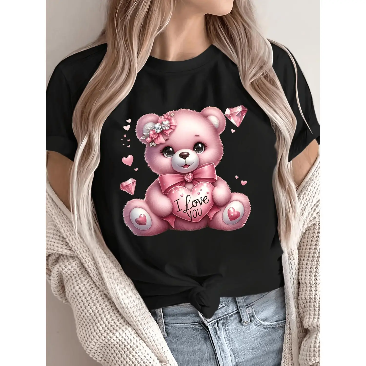 Women'S Valentine'S Day Teddy Bear Graphic T-Shirt - Soft Breathable Green Tee with Pink Hearts & "I Love You" Design, Casual Sh