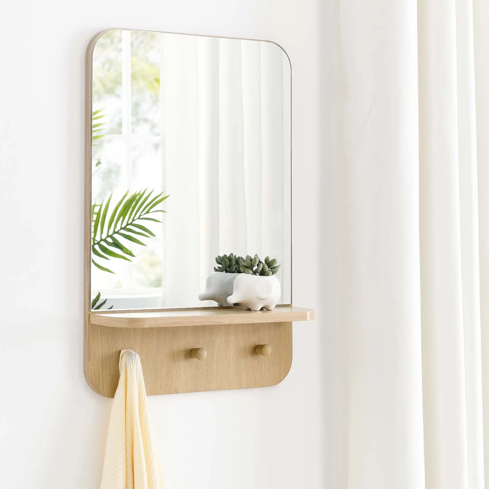Modway Lumina Modern Oak Wooden Rectangle Wall-Mounted Mirror - Home Decor Accent with Small Shelf, Entryway/Hallway Storage Pegs