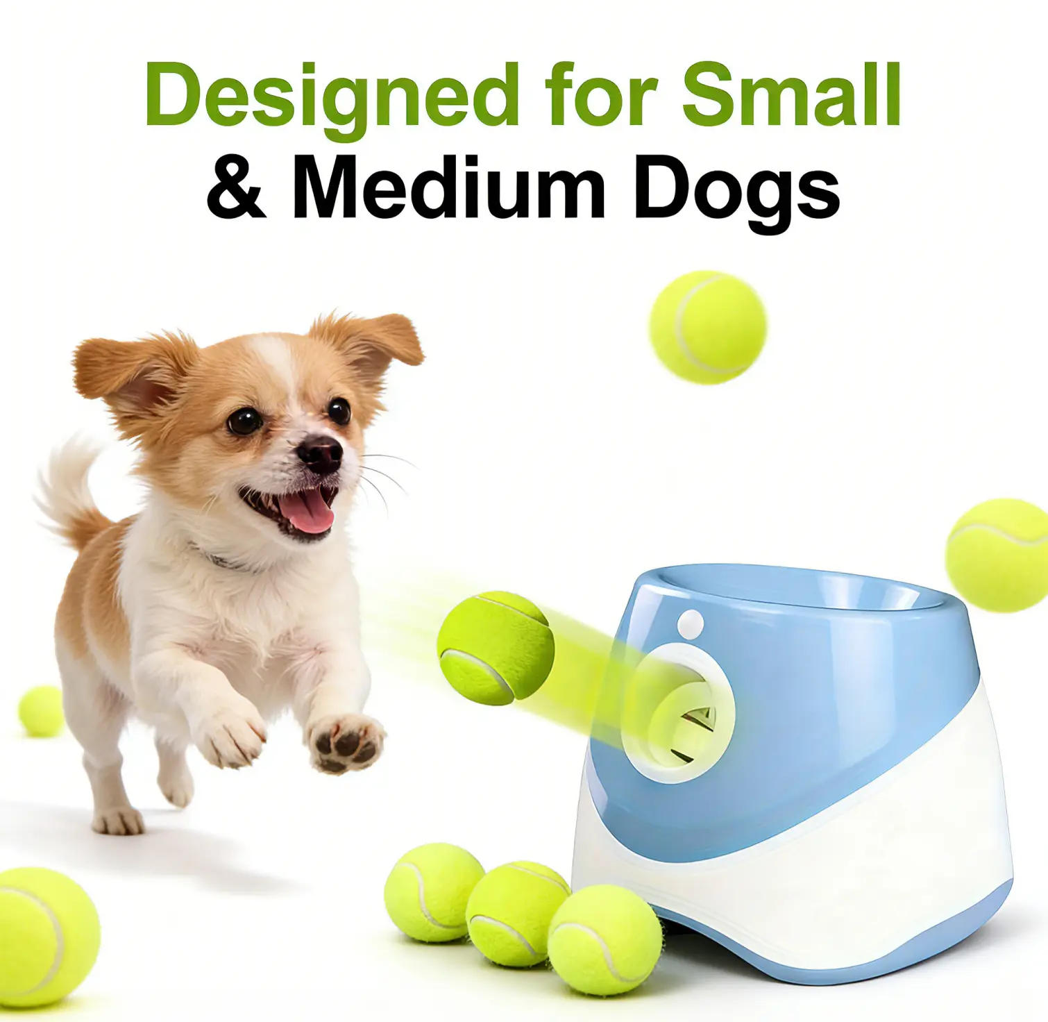 Automatic Dog Ball Toy Thrower - 3 Distance Settings, 3 Mini Tennis Balls, Plain, Encourages Interactive Play, Enhances Bonding Time, Indoor-Outdoor Toy for Small-Medium Dogs (Green, Blue, Yellow), Bonding Boost, Indoor-Outdoor Play, Ball Thrower