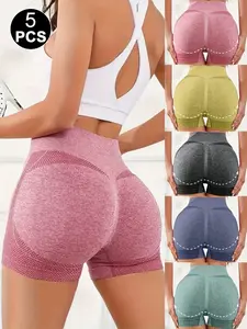 5pcs Women's High-Waist Yoga Shorts - Butt-Lifting, Tummy Control, Breathable, Solid Color Stretch Yoga Pants, Tummy Control Ruched Butt-Exposing Yoga Shorts, Casual Lifted Biking Shorts, Fitness Running Tight Butt-Lifting Yo