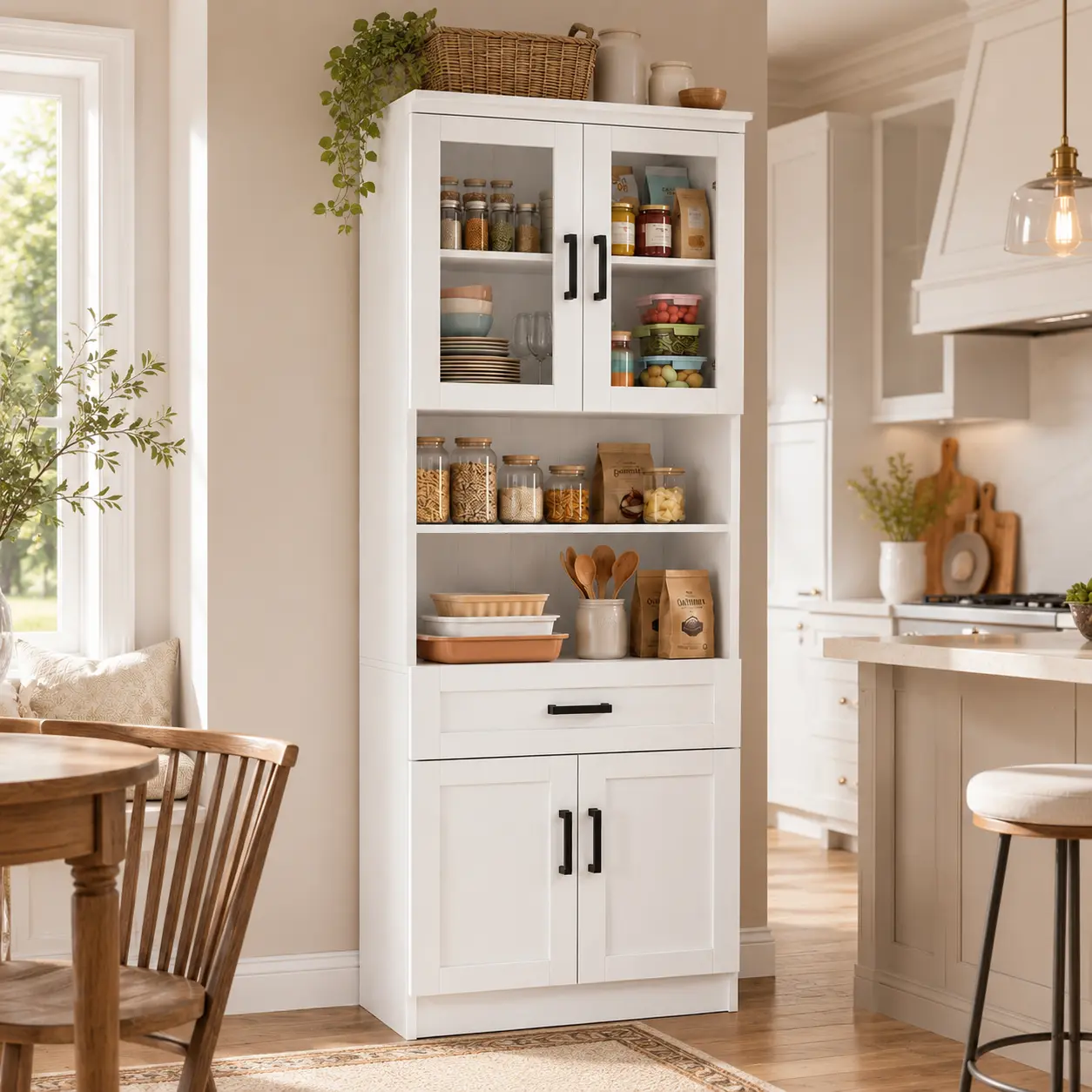 Homieasy 79.7'' Kitchen Pantry Storage Cabinet, Freestanding Kitchen Hutch Cabinet with Tempered Glass Doors & Adjustable Shelves, Display Bookcase for Living Room, Pantry Cabinet for Dining Room furniture