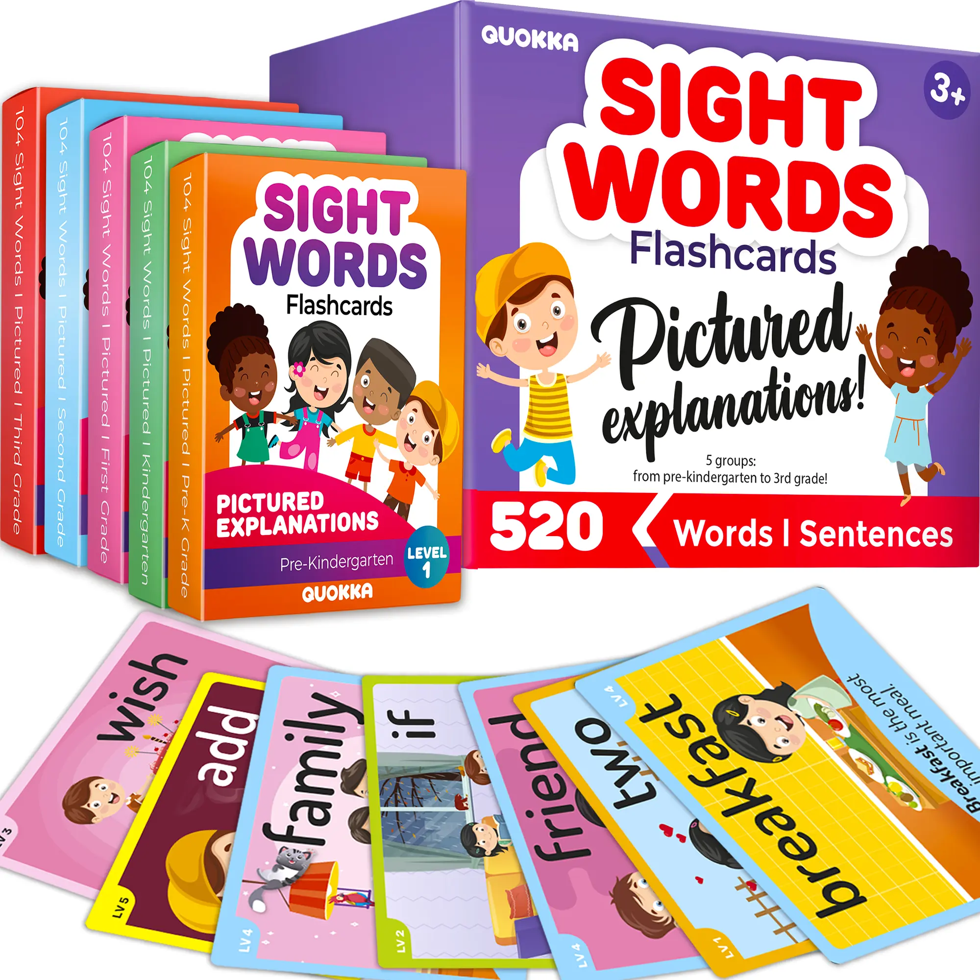QUOKKA Sight Word Flash Cards for Kids Ages 4-8, 520-Count Vocabulary Set, Kindergarten Educational Toy with Color-Coded Images & Sentences to Boost Reading Fluency, Flashcards for Studying