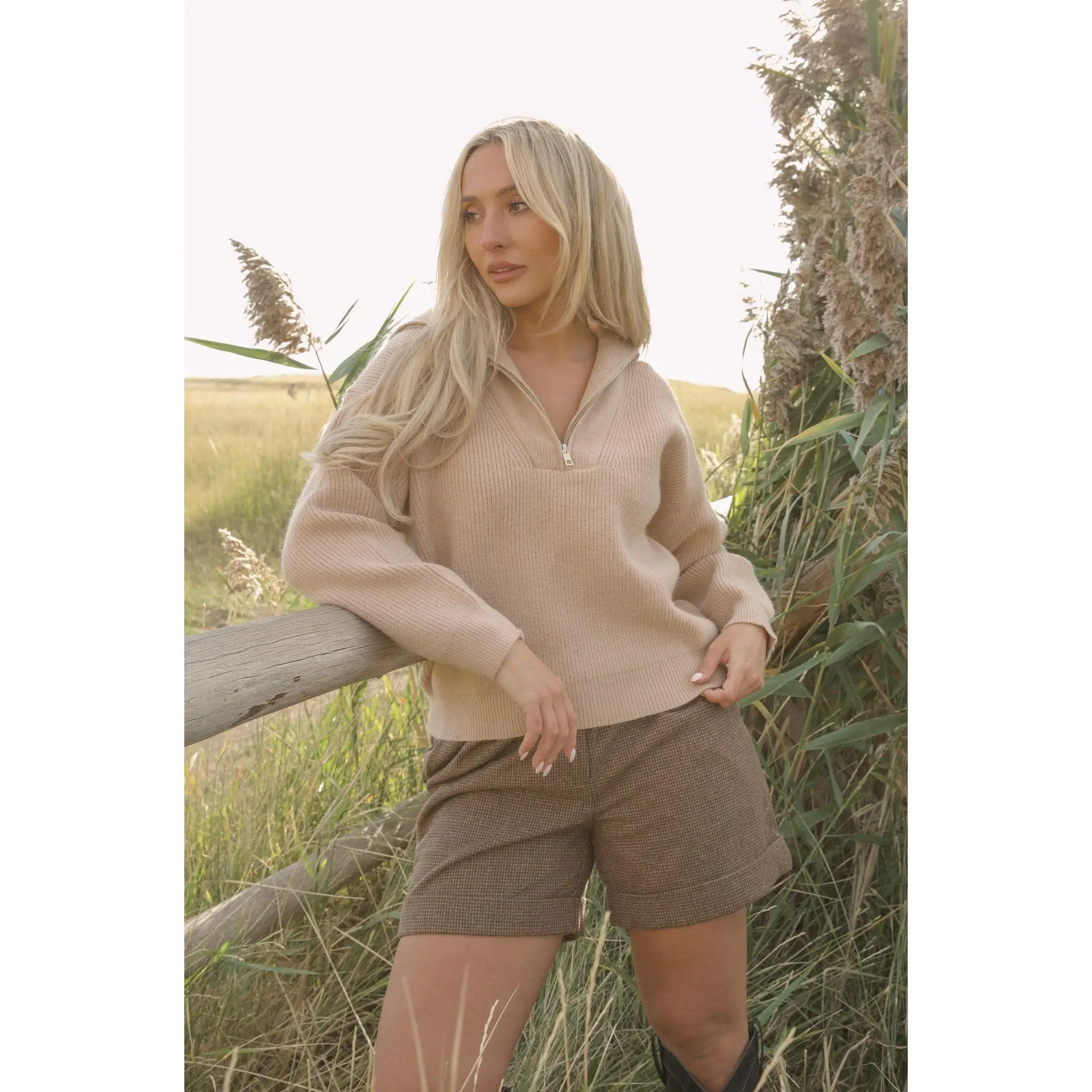Beige Ribbed Half Zip Sweater