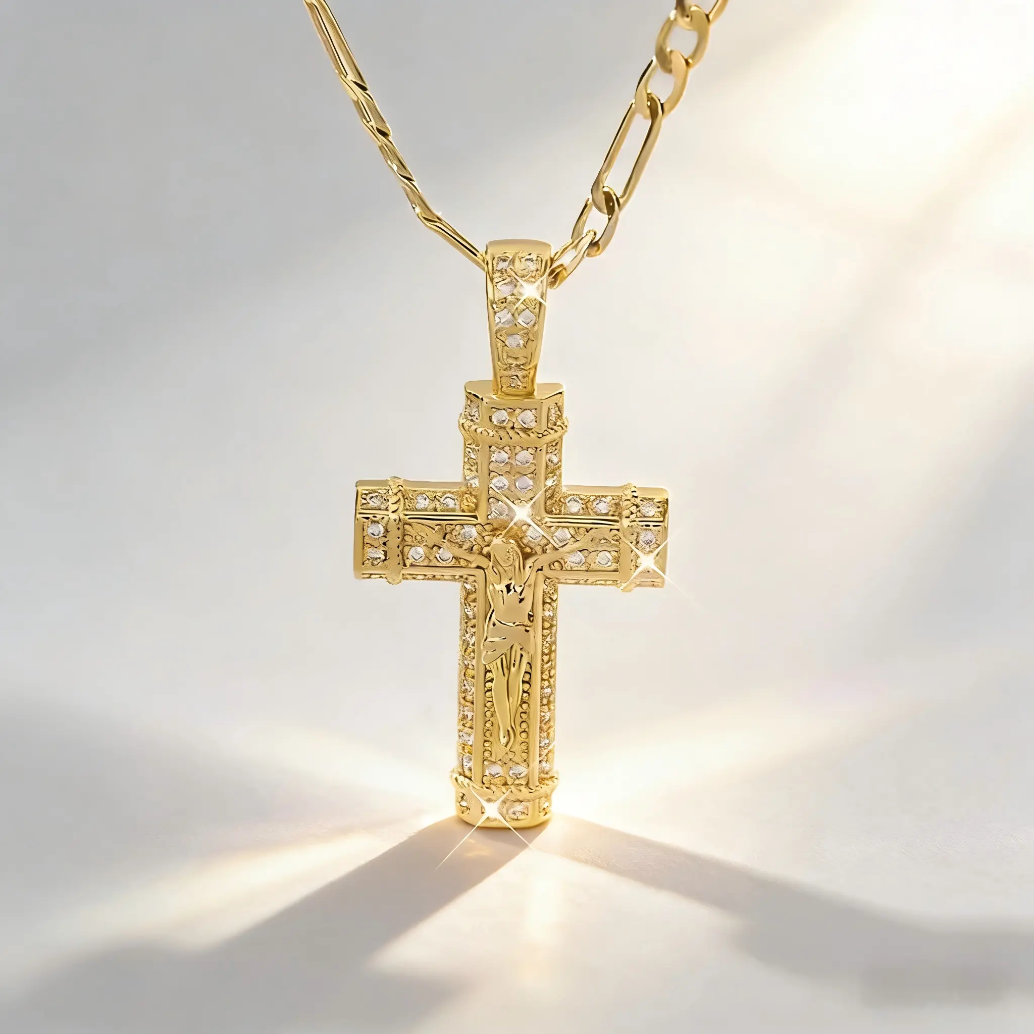 Gold Plated Anti-Allergy Copper-Zirconia Mix Cross Pendant Necklace, Stylish Couples V-Day Gift for Mothers, Catholic First Communion Daily Wear, Gold Plated Crucifix, Cross Necklace