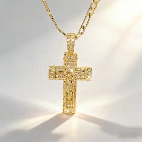 Gold Plated Crucifix Cross Necklace - Copper-Inlaid Cubic Zirconia, Anti-Allergy, Elegant and Simple Long Unisex Spiritual Costume Jewelry for Catholic Friends, Festive Gifting, Couples V-Day Gift