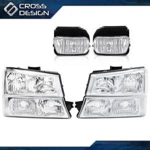 CROSSDESIGN Chrome Clear Corner Headlights+Fog Light Fit For 03-07 Chevy Silverado Avalanche