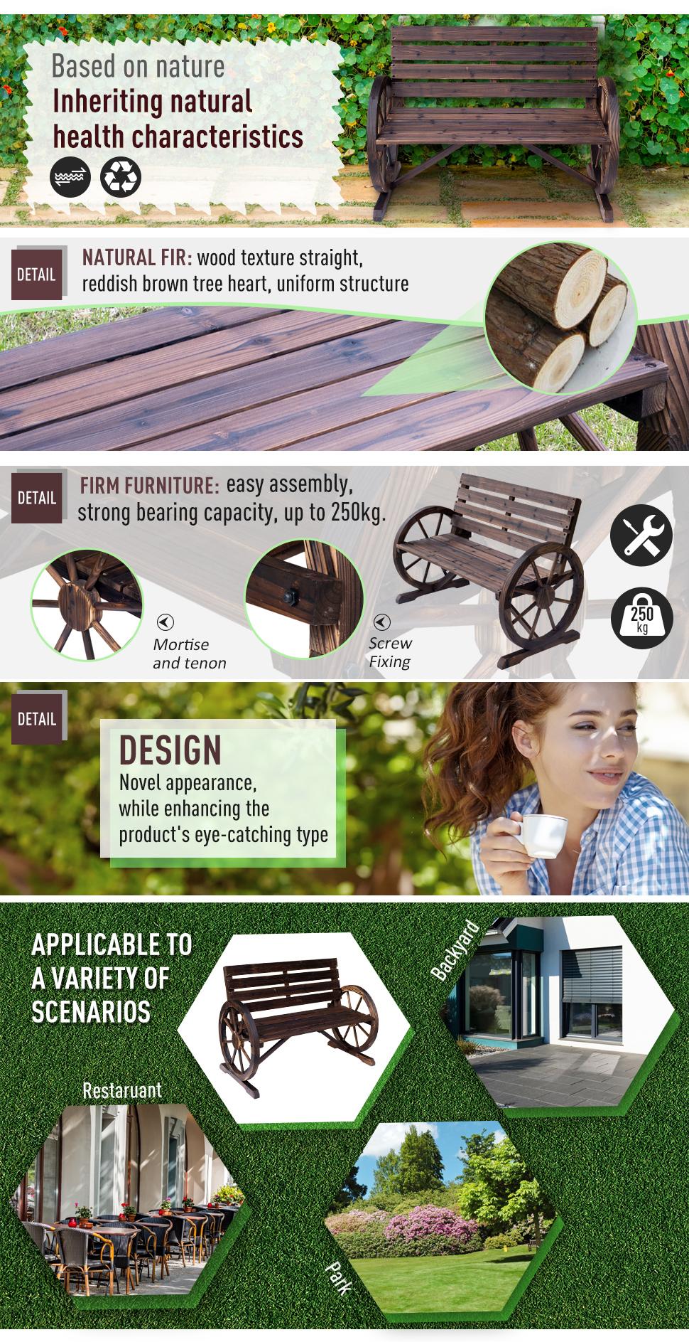 Outsunny 2-Person Wooden Garden Bench, Outdoor Wagon Wheel Porch Bench for Backyard Garden, Rustic Country Style Patio Furniture