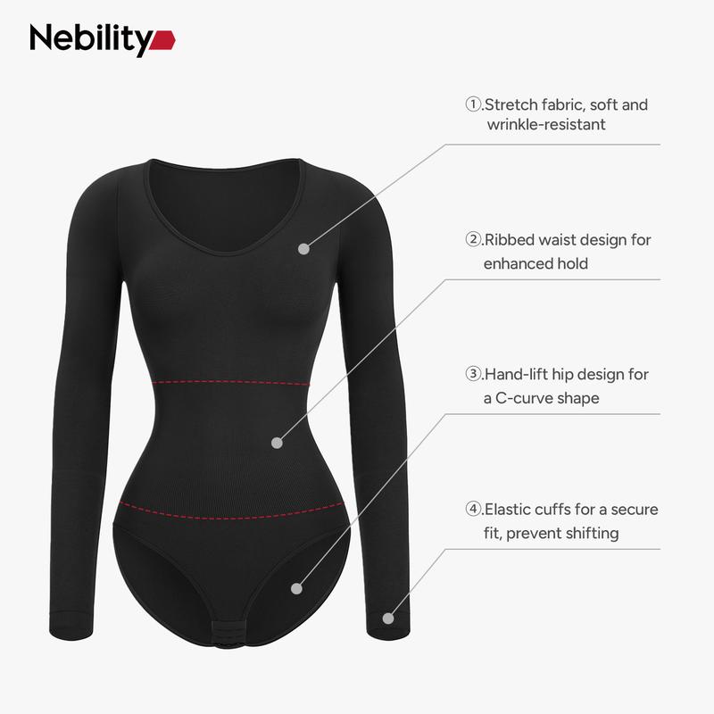 Nebility Women's Seamless Bodycon Dress with Tummy Control Butt Lifting V-Neck Long Sleeve Jumpsuit for Women Shapewear One Piece Basic Black+Black Compression Womenswear