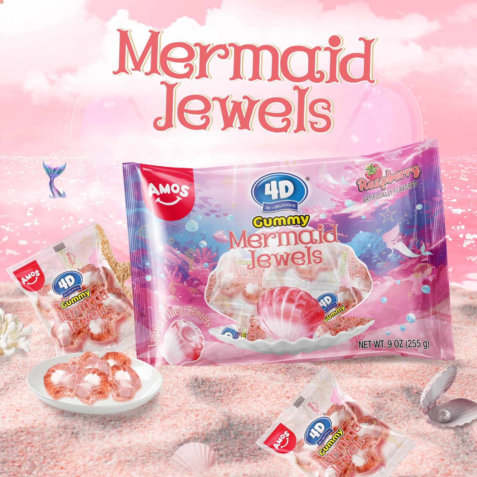Amos 4D Gummy Mermaid Jewels - Blue Raspberry Flavor, Jelly-Filled Chewy Fruit Snacks, Gluten-Free, Resealable Bags, Healthy Exotic Sweet Treats - Bite