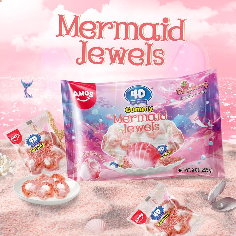Amos 4D Gummy Mermaid Jewels - Blue Raspberry Flavor, Jelly-Filled Chewy Fruit Snacks, Gluten-Free, Resealable Bags, Healthy Exotic Sweet Treats - Bite