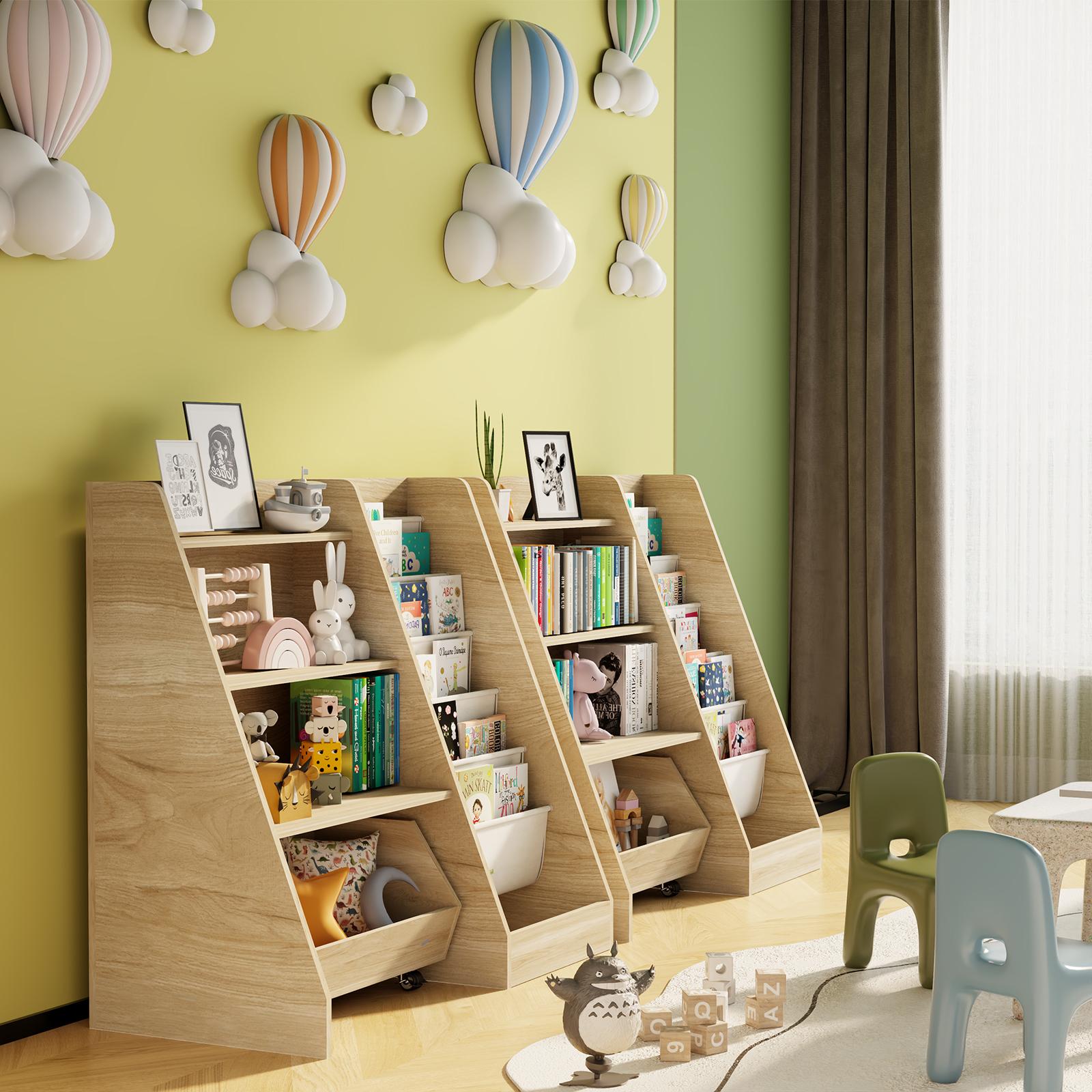 COZPAW Kids Bookshelf and Toy Storage, 4 Tier Toddler Bookshelf with Movable Drawer 5 Sling Pockets, Montessori Book Shelf for Kids Room, Playroom, Nursery (Oak)