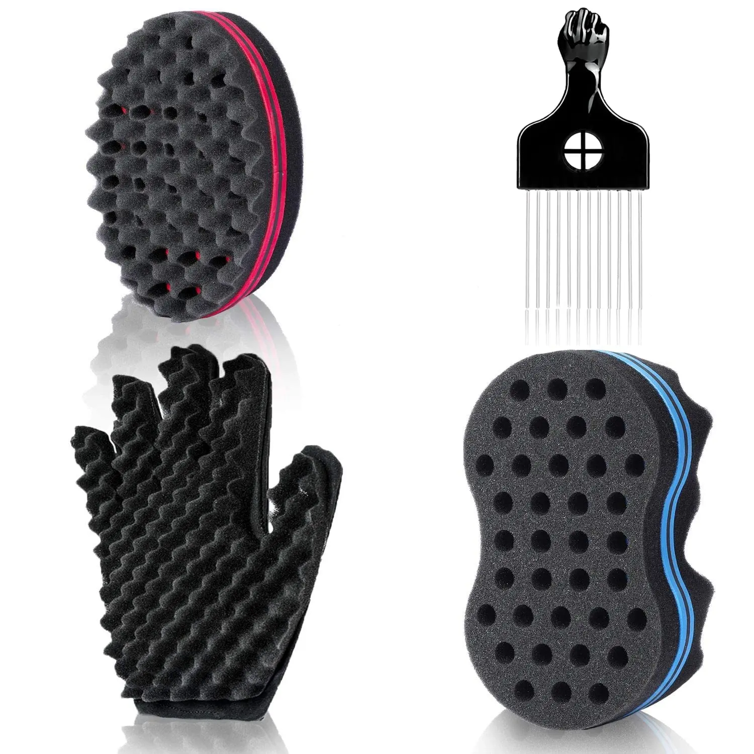 Magic Twist Curly Hair Styling Set with Curl Define Brush - 6.7in Lightweight Big-Hole Comb, EVA Sponge, Curling Glove, Metal Afro Pick for Women, Men