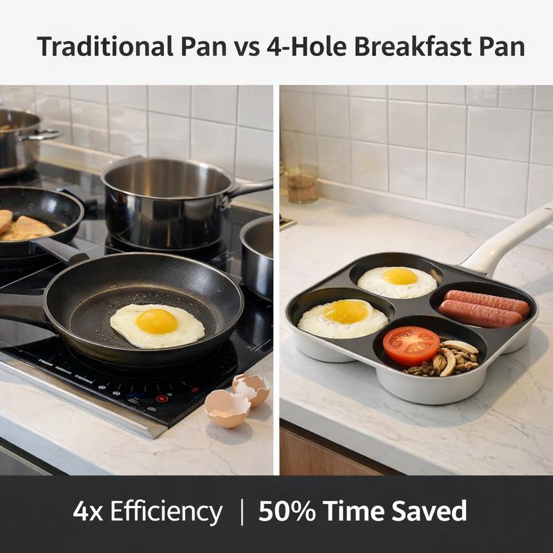 Non-stick 4-Hole Egg Frying Pan with Wooden Handle Granite-Style Breakfast Skillet for Eggs Omelets Toast Pancakes & Crepes Easy-Clean Multifunctional Kitchen Gadget Compact Gift Idea Cookware Aluminium
