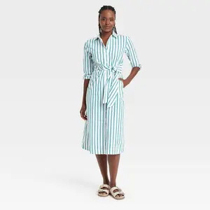 Women's Long Sleeve Tie-Front Midi Shirtdress - Universal Thread Green Striped S