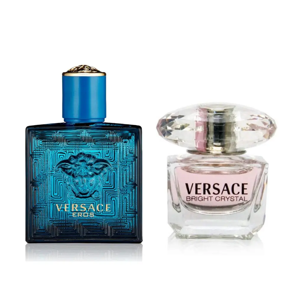 Versace Mini Duo 0.17 oz Set | Bright Crystal for Women + Eros for Men | Designer Travel Size Perfume & Cologne Gift Set | Fresh Floral & Woody Fragrance Pair