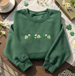 Embroidered Shamrocks Crewneck St Patrick's Day Irish Sweatshirt Shamrock Meadow Four Leaf Lucky Flower Gift Idea