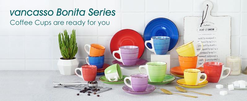 Vancasso Bonita 12 Oz Coffee Mugs Set of 6 - Blue, Multicolor Ceramic Cups for Cappuccino, Latte, Tea, and Cocoa, Dishwasher & Microwave Safe